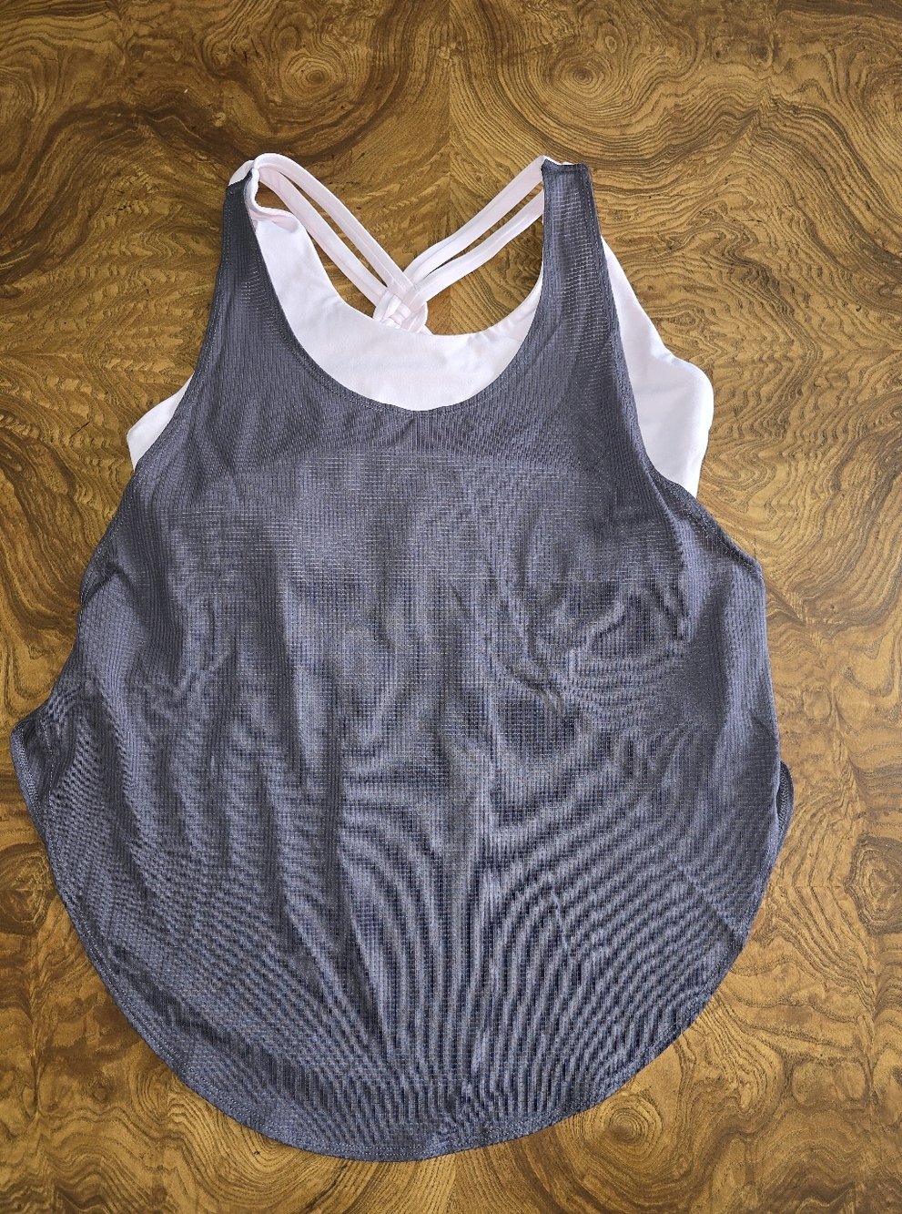 Fabletics 2-in-1 Braided Back Sports Bra & Mesh Tank Top Set, Pink/Grey, Size S